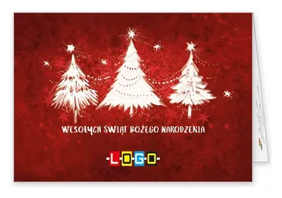 Karnet świąteczny BN1 „Choinki w bieli na czerwieni”, okładka