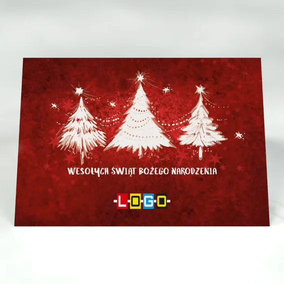 Choinki w bieli na czerwieni: karnet BN1 stojący, przód