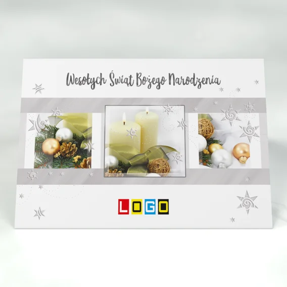 Żółte świece pośród gałązek: karnet BN1 stojący, przód