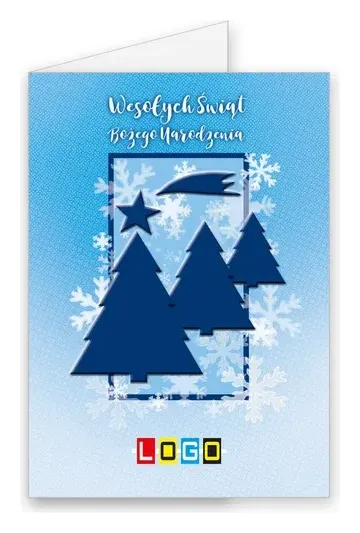 Karnet świąteczny BN1 „Sylwetki choinek w śnieżycy”, okładka