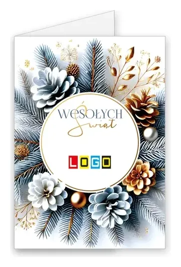 Karnet świąteczny BN1 „Wieniec z szyszek wokół życzeń”, okładka