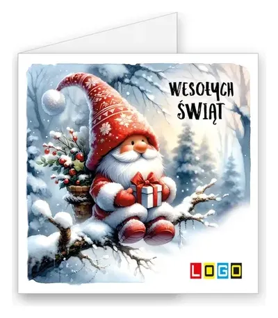 Karnet świąteczny BN2 „Krasnal z prezentem w śniegu”, okładka