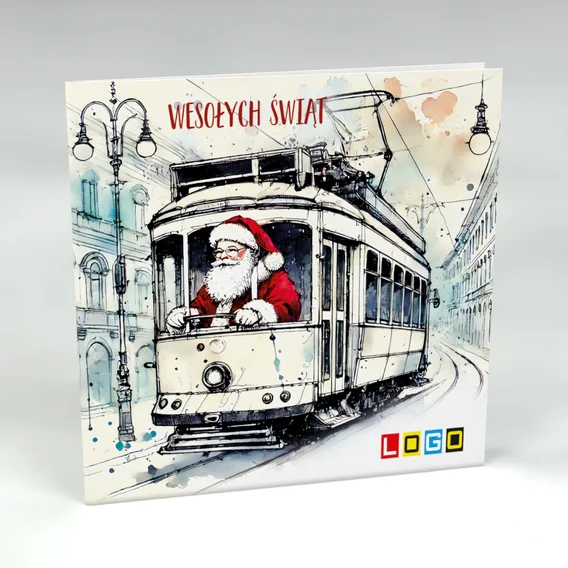 Mikołaj w oknach tramwaju: karnet BN2 stojący, przód