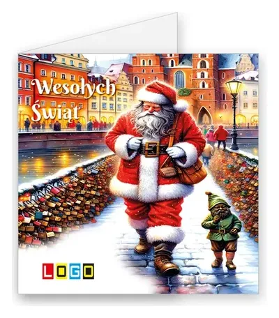 Karnet świąteczny BN2 „Elf z prezentem i Mikołaj”, okładka