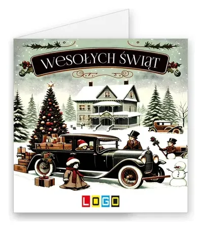 Karnet świąteczny BN2 „Klasyczne auto przy udekorowanym domu”, okładka