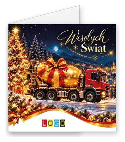 Karnet świąteczny BN2 „Betoniarka w złotej wstędze”, okładka