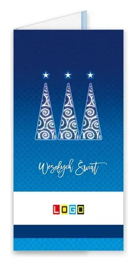 Karnet świąteczny BN3 „Spiralne choinki na niebieskim wzorze”, okładka