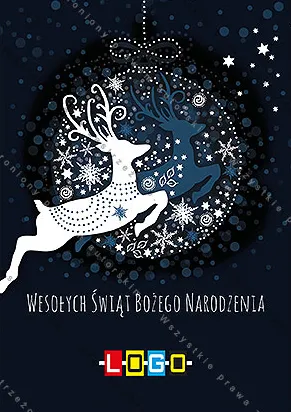 Biały renifer w biegu wewnątrz okrągłej ramy zawieszonej na kokardzie, granatowe tło ze śnieżynkami i gwiazdkami