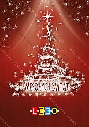 Choinka z kilku warstw cienkich białych linii na czerwonym tle ze smugami światła i gwiazdkami, u dołu biały napis