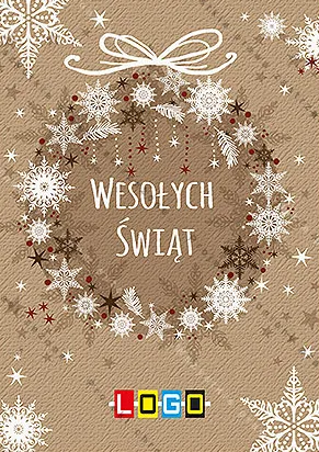 Biały okrąg z płatków śniegu i gałązek, u góry kokarda, piaskowe tło z fakturą, w środku napis życzeń