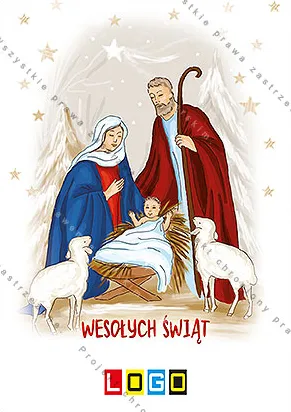 Maryja w błękitnej szacie nad żłóbkiem, obok Józef w czerwieni, owce i gwiazda na jasnym tle z poświatą