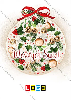 Kolista ozdoba z sosny, szyszek, ostrokrzewu i złotych kuleczek z czerwoną kokardą, w środku życzenia