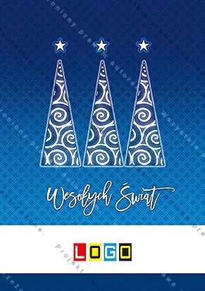 Trzy smukłe białe choinki z gęstymi spiralami, nad nimi małe gwiazdki, tło niebiesko-granatowe w drobne romby