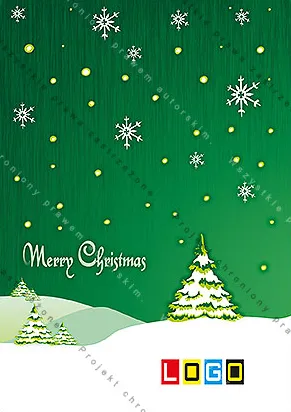 Zielona kartka z ośnieżonymi choinkami na wzgórzach, białymi śnieżynkami i złotymi kropkami, po lewej napis Merry Christmas
