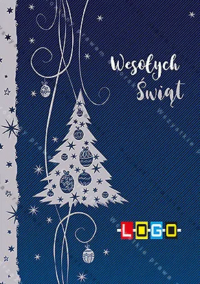 Ażurowa choinka w bieli z bombkami na niteczkach, granatowe tło, srebrne spirale, po lewej pas gwiazdek, po prawej życzenia