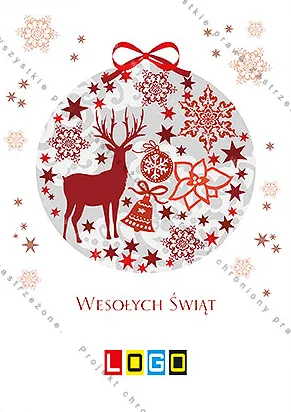 Okrągła ozdoba z czerwonym reniferem, dzwonkiem i kwiatem na białym tle z różowymi płatkami, pod nią życzenia