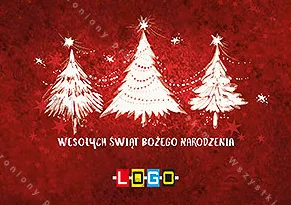 Trzy białe choinki z linią świateł i gwiazdkami nad nimi, czerwone płócienne tło, pod drzewkami biały napis