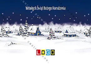Płaska ilustracja zaśnieżonych domków z żółtymi oknami i choinek pod granatowym niebem pełnym gwiazdek, biały napis
