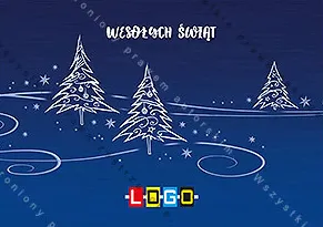 Trzy choinki w białym konturze z kropkami i zawijasami na granatowym tle, u dołu wirujące linie, wyżej gwiazdki