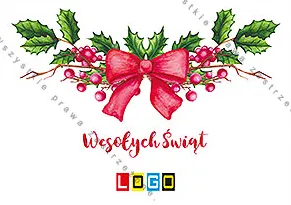 Symetryczny łuk z liści ostrokrzewu z czerwonymi jagodami i dużą kokardą, pod nim czerwony napis na białym tle