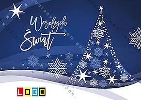 Choinka z gwiazd i płatków w bieli i błękicie, w tle granat, po nim biegną miękkie linie zasp