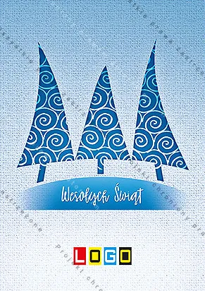 Trzy granatowe choinki z białym wzorem spiralnych zawijasów na jasnoniebieskim tle, u dołu owalna wstęga z napisem