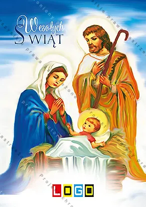 Maryja w błękitnej szacie nad żłóbkiem z Dzieciątkiem i Józef z laską wśród jasnych obłoków, u góry niebieski napis