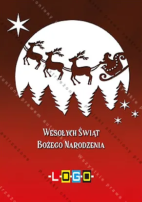 Trzy renifery w zaprzęgu z saniami, za nimi biały księżyc w pełni i las, tło od brązu do czerwieni, niżej napis