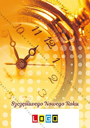 Zegarek kieszonkowy w złocie sfotografowany z bliska, ciepłe rozmyte światła w tle, u dołu życzenia