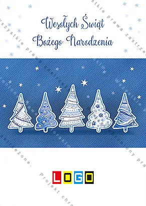 Pięć białych choinek o różnych deseniach obok siebie na granatowym pasie, u góry niebieski napis i śnieżynki