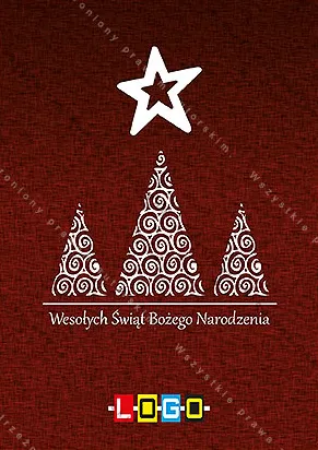 Trzy białe choinki z gęstym wzorem spiral pod dużą białą gwiazdą na ciemnoczerwonym tle, pod nimi życzenia