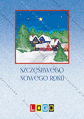Obrazek z zaśnieżoną wioską, choinkami i złotą gwiazdą w czerwonej obwódce, tło niebieskie, niżej granatowy napis