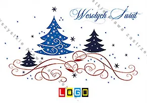 Trzy cienko rysowane choinki w odcieniach niebieskiego z gwiazdkami na białym tle, u stóp czerwony splot linii