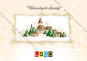 Kościół z wysoką wieżą, domki i choinki w kadrze o falistych brzegach na beżowym tle z gwiazdkami, u góry brązowy napis