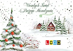 Duże ośnieżone drzewko z czerwonymi kulami po lewej, po prawej dwie drewniane chaty, białe tło, u góry zielony napis