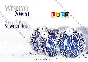 Dwie duże granatowe bombki ze wzorem fal w prawym dolnym rogu, białe tło z gwiazdkami, po lewej napis wersalikami
