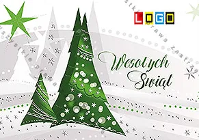Dwie kanciaste choinki w ciemnej i jasnej zieleni z białymi kropkami, szare drzewa w tle, po prawej zielony napis