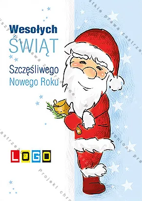 Uśmiechnięty Mikołaj w czerwonym kostiumie wychyla się zza prawego brzegu ze złotym dzwonkiem, tło jasnoniebieskie