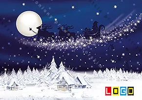 Granatowe nocne niebo z księżycem i saniami z reniferami, smuga gwiazdek, niżej ośnieżone domki i ciemne choinki