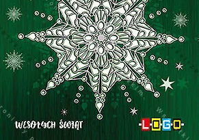 Duży biało-srebrny płatek w deseń wycinanki na zielonym tle, wokół mniejsze płatki, na dole napis wersalikami