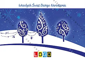 Trzy drzewka z owalnymi granatowymi koronami w białych spiralach, girlandy z koralików, białe wzgórze i granatowe niebo