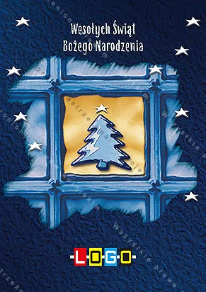 Niebieska oszroniona rama okna ze szprosami, w środku żółte światło i jasnoniebieska choinka, tło granatowe w gwiazdkach
