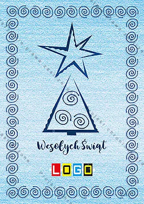 Choinka i gwiazda z granatowych spiral w ramie z takich samych zawijasów, tło jasnoniebieskie, u dołu napis życzeń