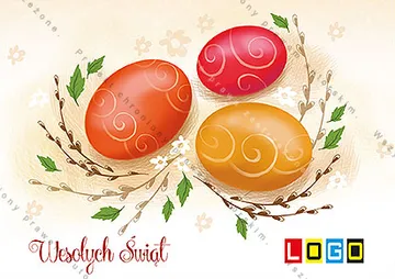 Trzy jaja w pomarańczu i czerwieni w półkolu z baziowych gałązek, a poniżej napis życzeń