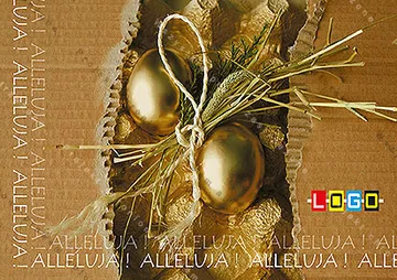 Złote jaja przewiązane sznurkiem w słomie na brązowym tle z powtarzanym napisem Alleluja