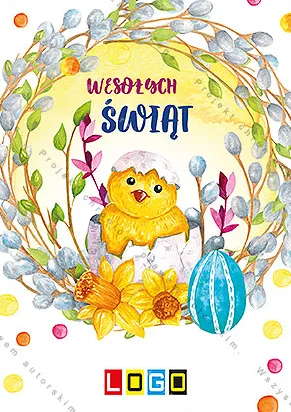 Wianek z bazi z pisklęciem wychodzącym ze skorupki, słonecznikami i niebieskim jajem, w środku napis życzeń