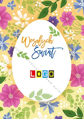 Żółte tło gęsto pokryte kolorowymi kwiatami i liśćmi, pośrodku pionowy biały owal z napisem Wesołych Świąt