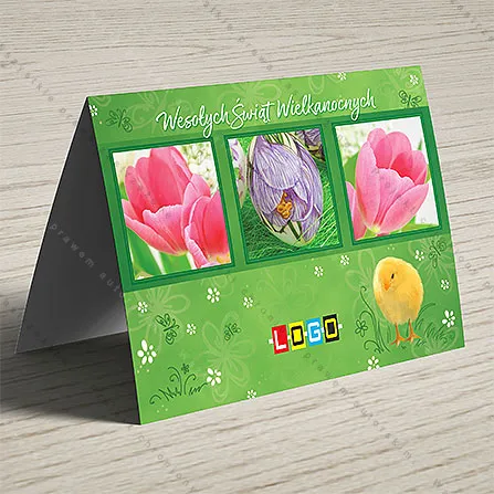 Trzy zdjęcia w zielonych ramkach: krokus fioletowy pośrodku, po bokach tulipany różowe, wyżej i niżej żółte pisklęta