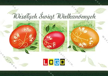 Biały pas z zielonym napisem życzeń wielkanocnych i rzędem trzech zielonych kwadratów z czerwono-pomarańczowymi jajami