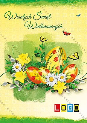 Trzy jaja w żółci i pomarańczu z tulipanami, narcyzy, stokrotki na zielonej plamie, żółte tło z motylami